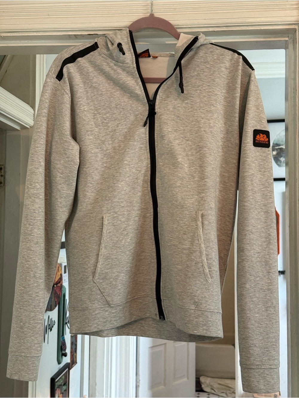 Sundek Light Gray Hoodie with Black Trim and Orange Logo Tag